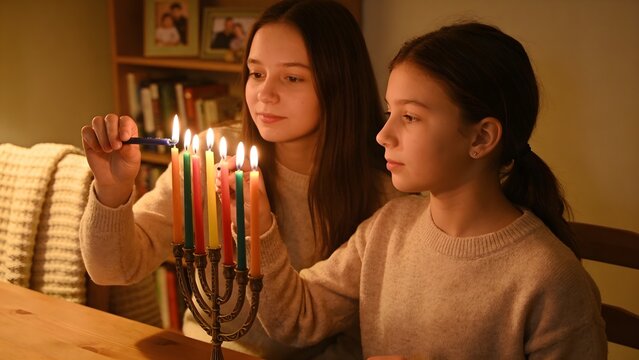 Side Profile View Sisters Lighting Colorful Hanukkah Menorah Candles in Cozy Evening Home