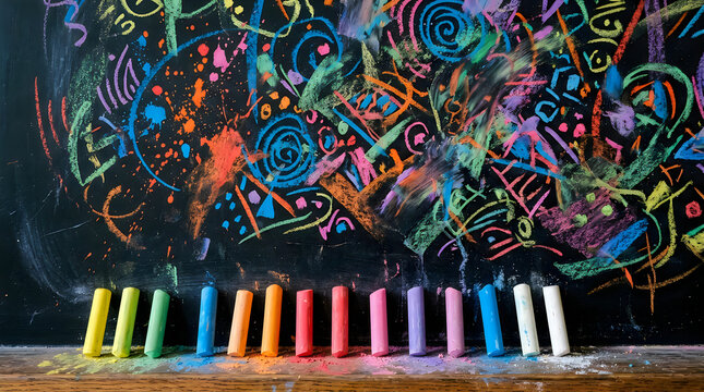 Colorful chalk sticks arranged on a dark chalkboard