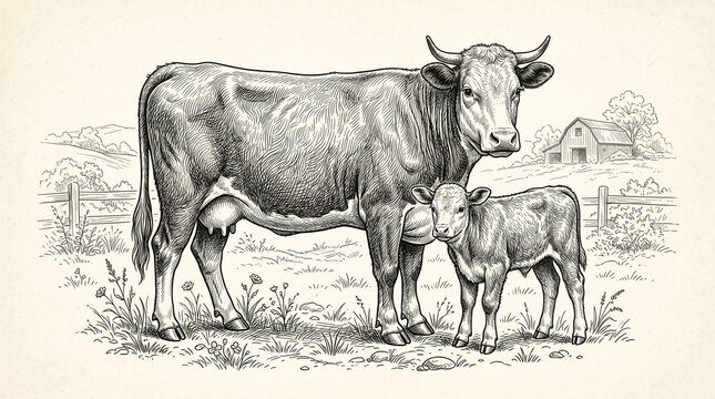 Mother cow and calf in pastoral countryside sketch.