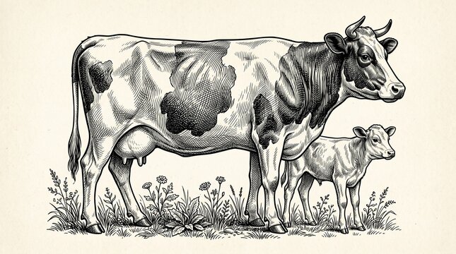 Mother cow and calf in pastoral illustration style.