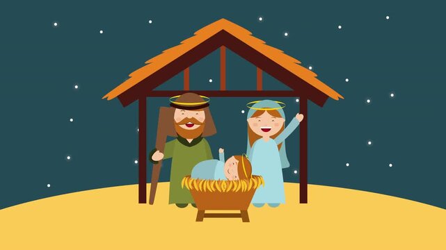Animated christmas nativity scene with baby jesus mary and joseph in stable under starry night sky.