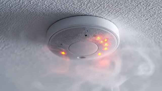 Close Up Ceiling Smoke Detector Blinking Red LED Light