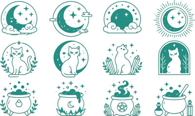 Obraz premium Witchcraft mystic symbols with cats moons and magical cauldrons