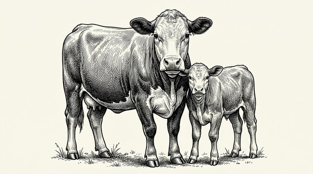 Mother cow with two calves in monochrome illustration.