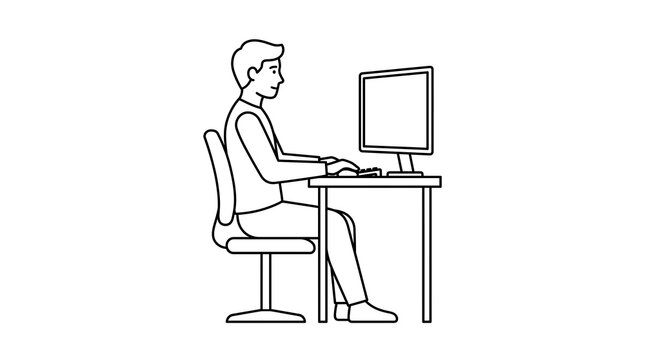 Man sitting at desk working on computer, minimalist line art illustration of office worker.