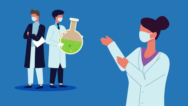 Scientists wearing face masks holding laboratory flask in animated medical research concept footage.