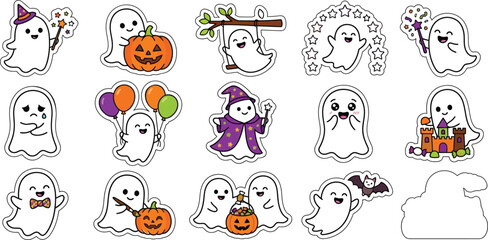 Fototapeta premium Cute Halloween ghost sticker set with spooky cartoon characters for holiday decoration