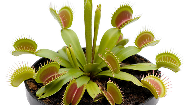 Vibrant Venus flytrap in pot, striking open red carnivorous traps against white background, detailed close-up highlighting its predatory nature
