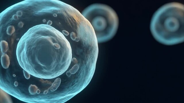 Cinematic visualization of stem cell differentiation and cellular specialization, designed for regenerative medicine, biotechnology research, healthcare innovation, medical education, and presentation