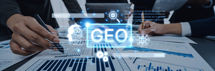 Naklejka premium Digital marketing concept featuring GEO strategy. Generative AI search visual shows GEO interface integrating intelligence, logic, and AI input system for prompt tasks. Corpus