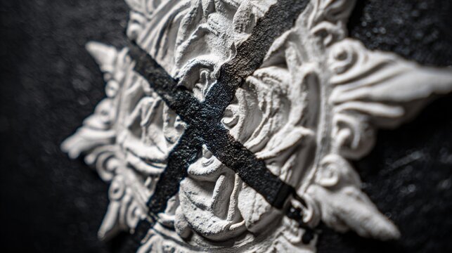 pantheism. A pristine emblem crossed out with a harsh black X on a textured wall. event programs, museum guides, designed for cultural heritage projects and event programs, preserves heritage.