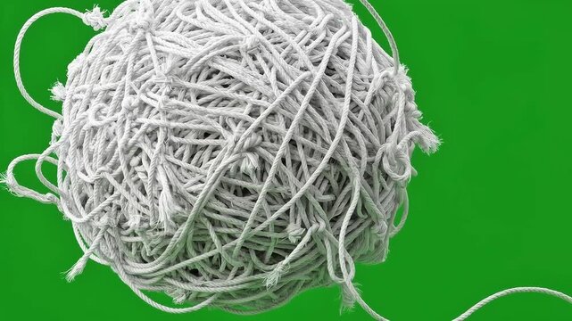 Tangled messy ball of white string yarn isolated on green screen background
