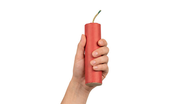 Hand holding a red firecracker isolated on white background
