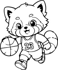 Fototapeta premium Adorable Cartoon Red Panda Playing Basketball Line Art Worksheet