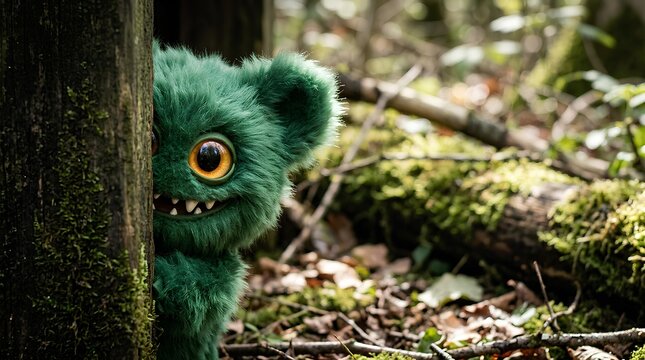 Green furry monster peeking from behind forest tree.