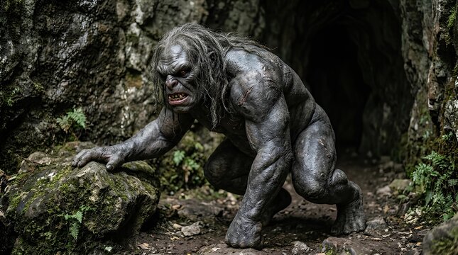 Grey cave troll emerging from dark rocky terrain.