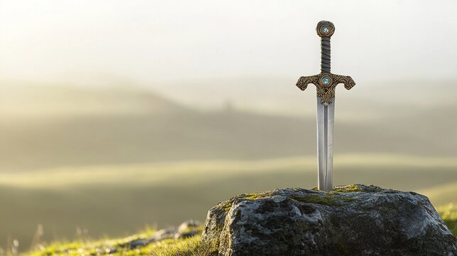 altan. Ancient stone altar with a silver sword embedded, its hilt adorned with glowing gemstones. event programs, museum guides, designed for cultural heritage projects and event programs.