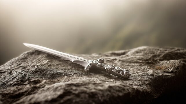 altan. Ancient stone altar with a silver sword embedded, its hilt adorned with glowing gemstones. event programs, museum guides, designed for cultural heritage projects and event programs.