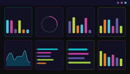 Fototapeta premium Neon Data Visualization Chart Set with Colorful Bar, Line, Donut and Analytics Dashboard Elements