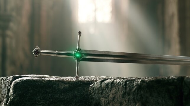 altan. Ancient stone altar with a silver sword embedded, its hilt adorned with glowing gemstones. event programs, museum guides, designed for cultural heritage projects and event programs.