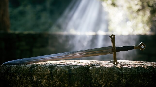 altan. Ancient stone altar with a silver sword embedded, its hilt adorned with glowing gemstones. event programs, museum guides, designed for cultural heritage projects and event programs.