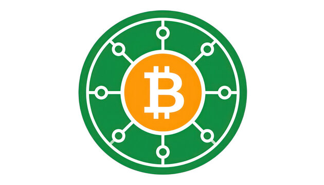 A stylized Bitcoin logo with interconnected nodes is displayed. isolated on white background.