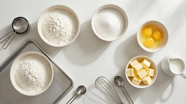 Top view of baking ingredients and kitchen tools for preparing cake dough on a light table surface. beginner baking guide
