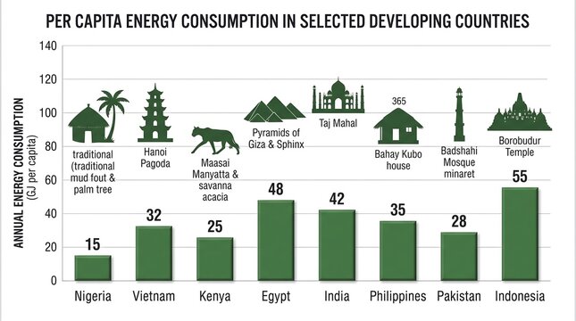Per capita energy consumption bar chart infographic with cultural landmarks