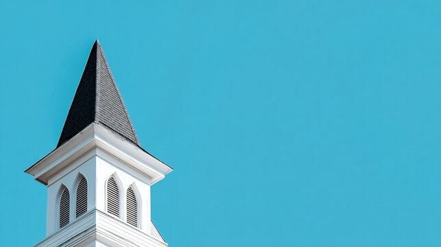 spire. A simple white church spire against a clear blue sky in minimalist composition. event programs, museum guides, designed for cultural heritage projects and event programs, preserves heritage.