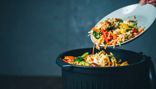 Plate of Uneaten Food Being Thrown into a Trash Bin Showing Household Food Waste
食べ残した料理をゴミ箱に捨てる食品ロス問題のイメージ