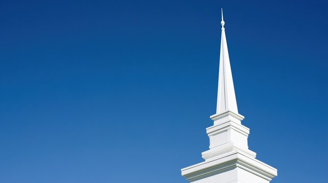 spire. A simple white church spire against a clear blue sky in minimalist composition. event programs, museum guides, designed for cultural heritage projects and event programs, preserves heritage.