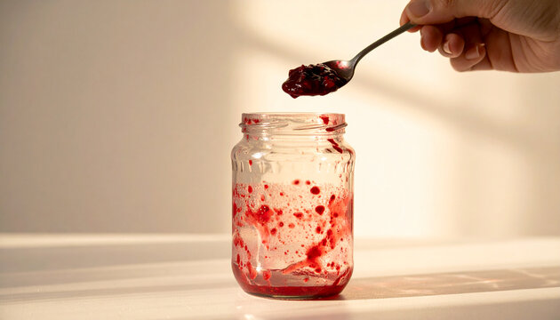 Hand Scooping the Last of Homemade Berry Jam from an Almost Empty Glass Jar
瓶の底に残ったベリージャムを最後まで使い切る手元