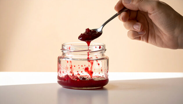 Hand Scooping the Last Spoonful of Homemade Jam from a Nearly Empty Glass Jar
瓶に残った手作りジャムを最後のひとさじまで使い切る手元