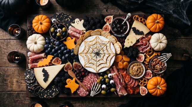 Overhead view of Halloween charcuterie snack board with spiderweb cheese