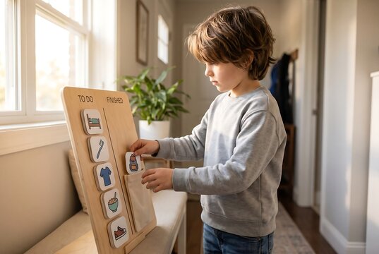 Young Child Making Bed For Independent Morning Routine