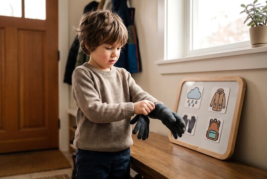 Young Child Putting On Gloves Using Visual Routine
