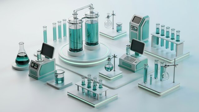 Modern laboratory equipment and glass test tubes glowing with blue liquid in a clean white setting. Science research concept for medical and pharmaceutical advertising.