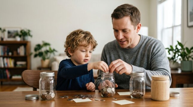 Father Teaches Son About Saving Money in Jars at Home