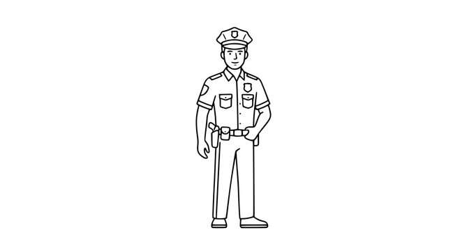 A simple black and white line drawing of a friendly police officer standing in uniform