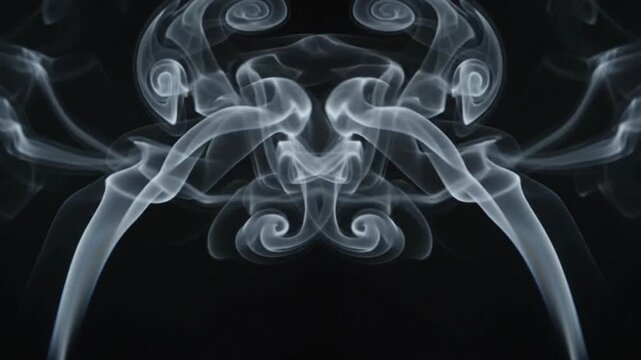 symmetrical white smoke swirls rising smoothly on dark background motion loop