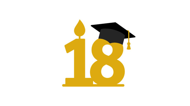 Golden Number 18 Candle with Graduation Cap Isolated