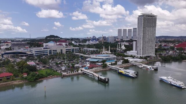 Aerial View Ferry Terminal, Batam Cityscape and Skyline, Indonesia - 4K