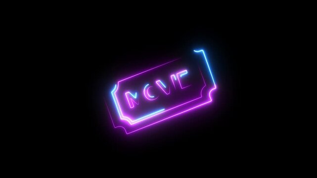 Glowing neon movie ticket icons animation isolated on black background for cinema and entertainment concepts