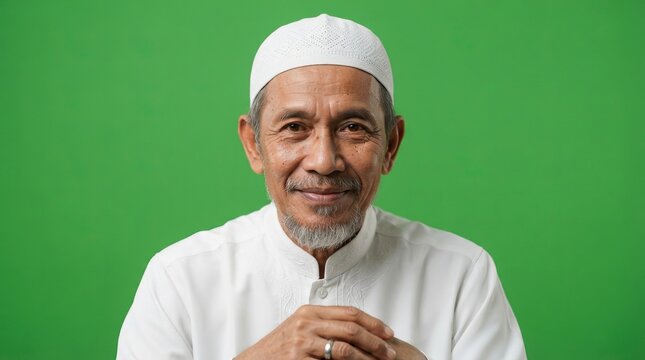 Smiling Elderly Asian Muslim Man in Traditional White Clothes and Cap on Green Screen Background