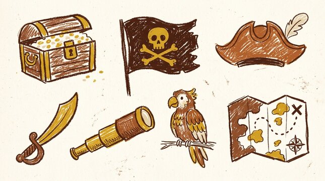 Hand-drawn pirate adventure icon set, featuring a treasure chest, skull flag, tricorn hat, cutlass, spyglass, parrot, and treasure map, on a textured beige background