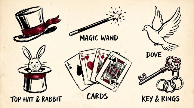 Vintage magic show elements illustration, hand-drawn style with top hat, rabbit, playing cards, dove, wand, key, and rings, isolated on a textured background for entertainment themes