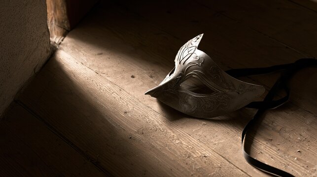 discarded. A solitary ornate Venetian mask rests on a dusty wooden floor in dim light. event programs, museum guides, designed for cultural heritage projects and event programs.