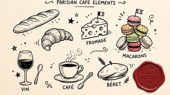 Hand-drawn Parisian Cafe Elements illustration, vintage sketch style, isolated on a light beige background, featuring French food, drink, and culture icons, perfect for menus or travel designs