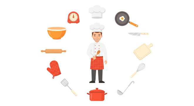 Chef character with cooking equipment and kitchen tools icon set flat vector illustration isolated on white background