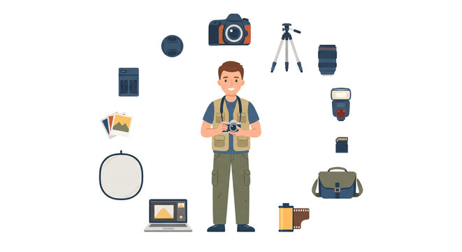 Photographer character with camera and photography equipment icon set flat vector illustration isolated on white background